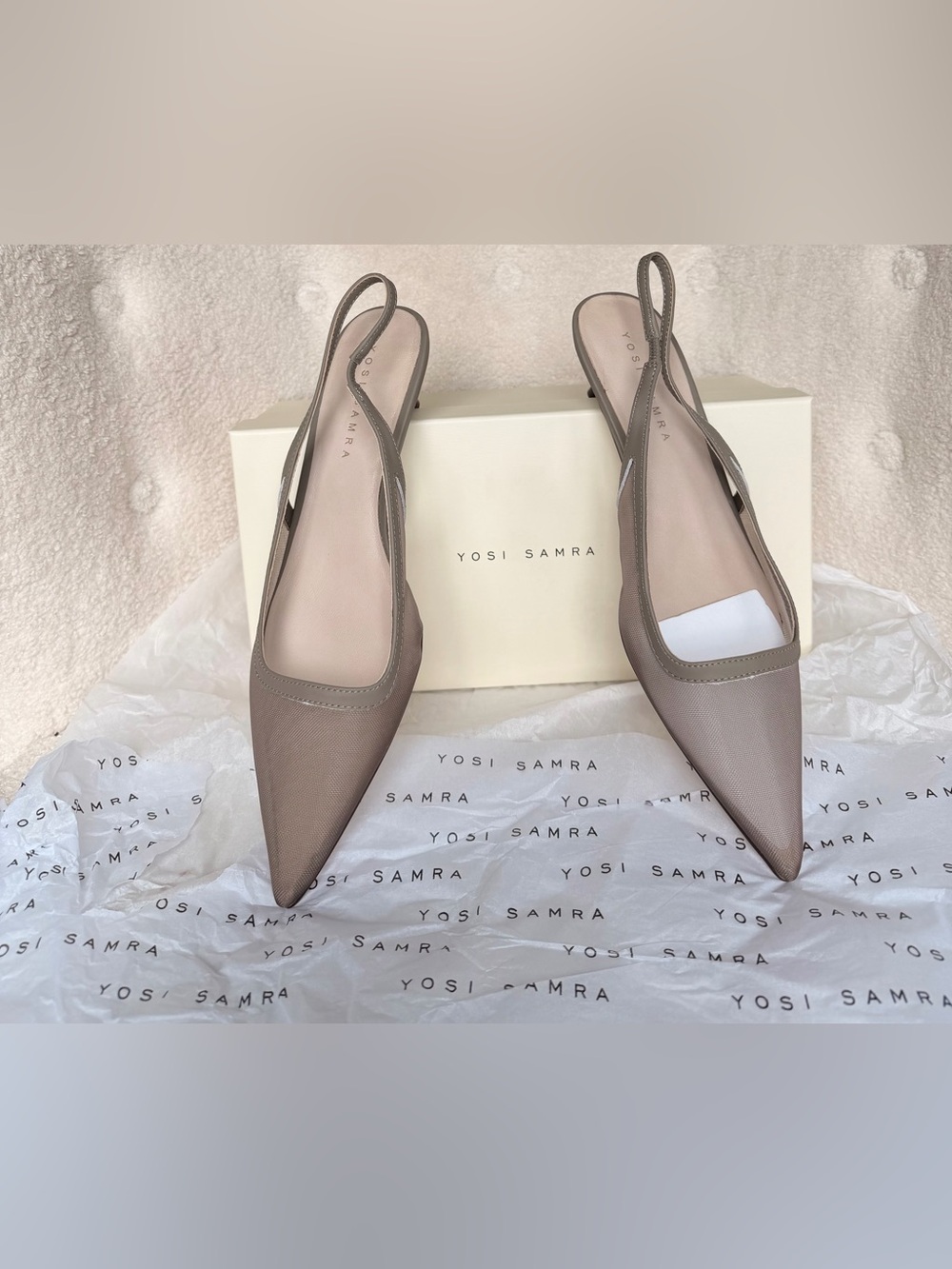 Yosi Samra Taupe Pointed Slingback Flats